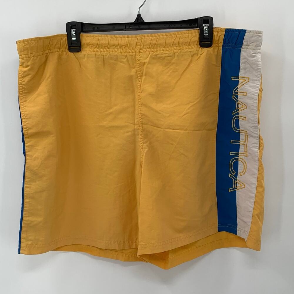 Nautica Swim Trunks Mens Large Blue White Yellow Logo Pocket Beach Surf Swim